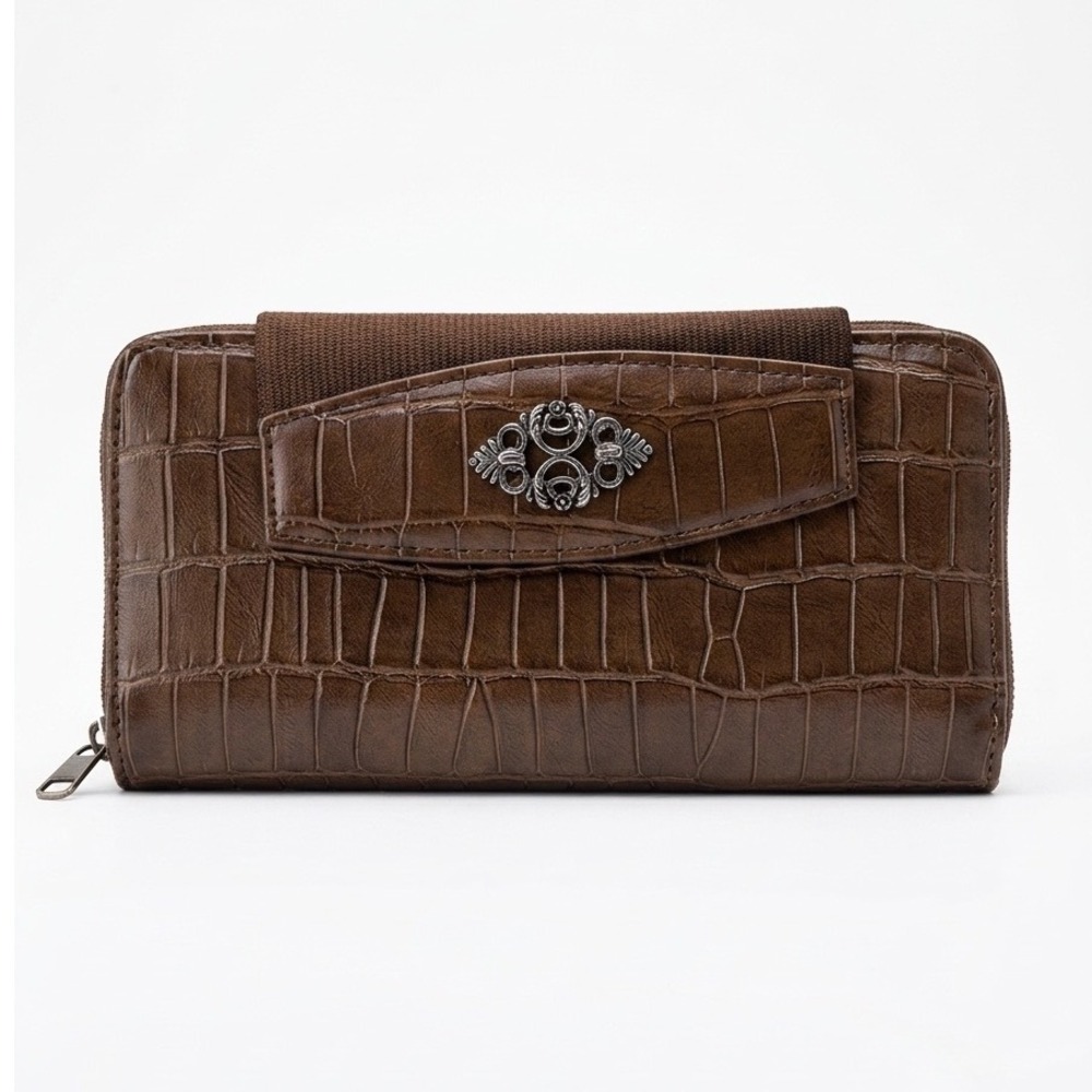 Vtg Brown Croc Embossed Wallet Silver Filigree Medallion Zip Around Organizer